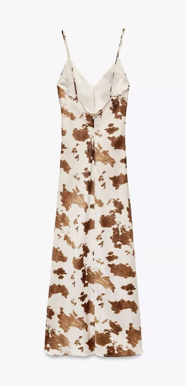 Zara cow patch satin effect boho western Brown and Cream maxi long dress - Image 12