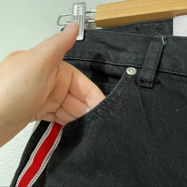 Revice Denim Black Button Fly High Rise Red Stripe Skinny Jeans Womens 25 Raw Hem - Image 10