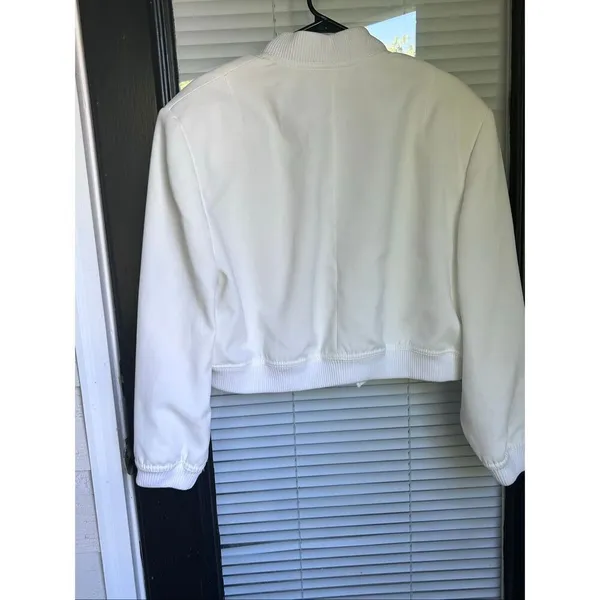 Zara Cream Linen Blend Snap Button Mock Neck Cropped Bomber Varsity Jacket L - Image 11