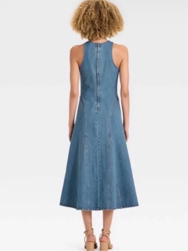 Future Collective Denim A Line Midi Dress 10 Medium Wash Blue Jean Racerback - Image 6