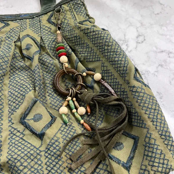 Boho Olive Green Geometric Woven Tote Bag with Beaded‎ Tassel Charm - Image 2