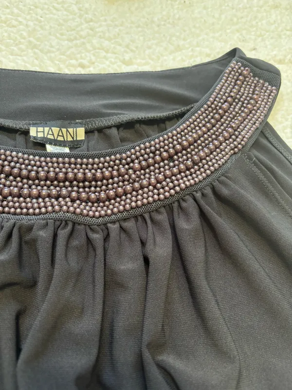 Haani Grecian Empire Waist Halter Beaded Maxi Dress Charcoal Gray Pleated Size L - Image 5
