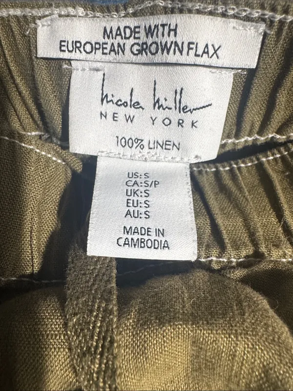 Nicole Miller Linen Cargo Jogger Pants Olive Green Sz S European Flax Contrast - Image 5