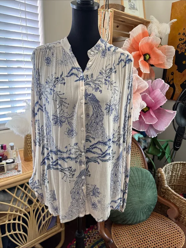 Free People Metallic Blooms Blush Peacock Print Boho Hippie Button Up Top - Image 2