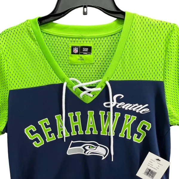 Seattle Seahawks NFL Football Shirt M Blue Green Lace Up Top Superbowl Champs‎ - Image 3