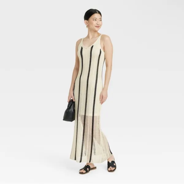 NWT Women's Open Work Maxi Sundress - A New Day Cream/Black Striped - Image 2