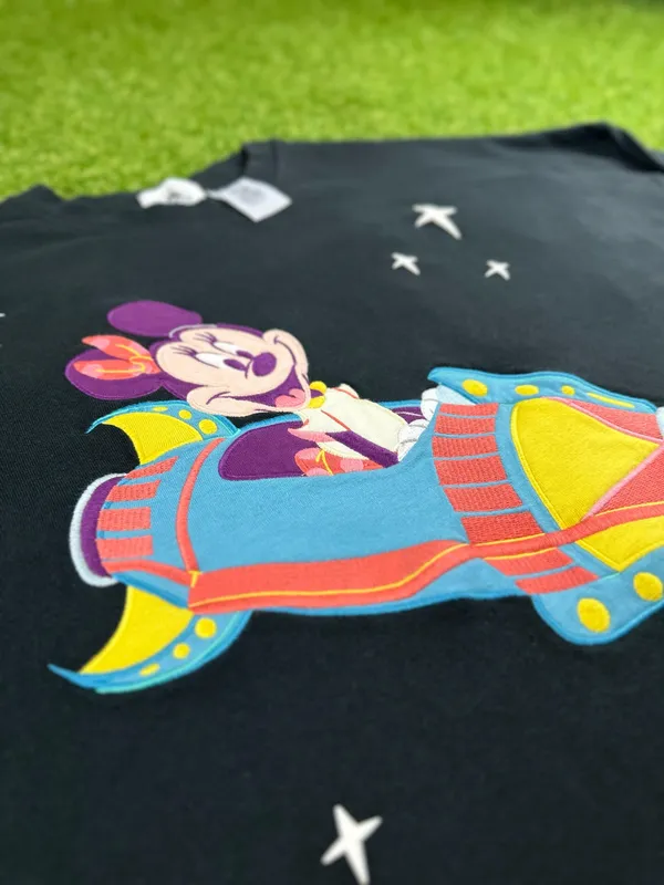 Disney Mouse Black crewneck sweatshirt featuring Minnie Mouse in a rocket ship with stars. - Image 5