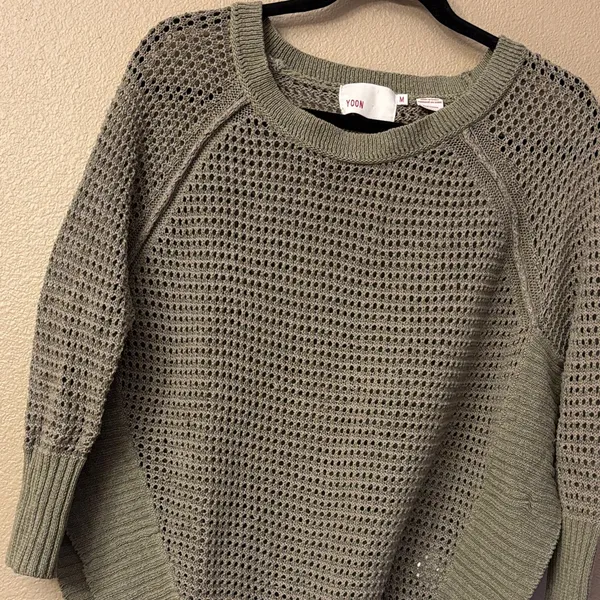 Anthropologie YOON Olive Green Open-Weave Crewneck Raglan Sleeve Poncho Sweater - Image 4