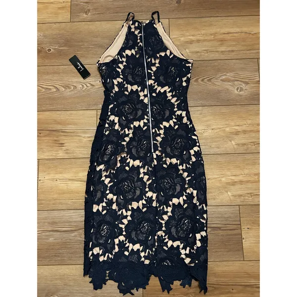 Lulus Love Poem Navy Blue Lace Halter Dress Nude Lining JMD6353 Womens XS NEW - Image 9
