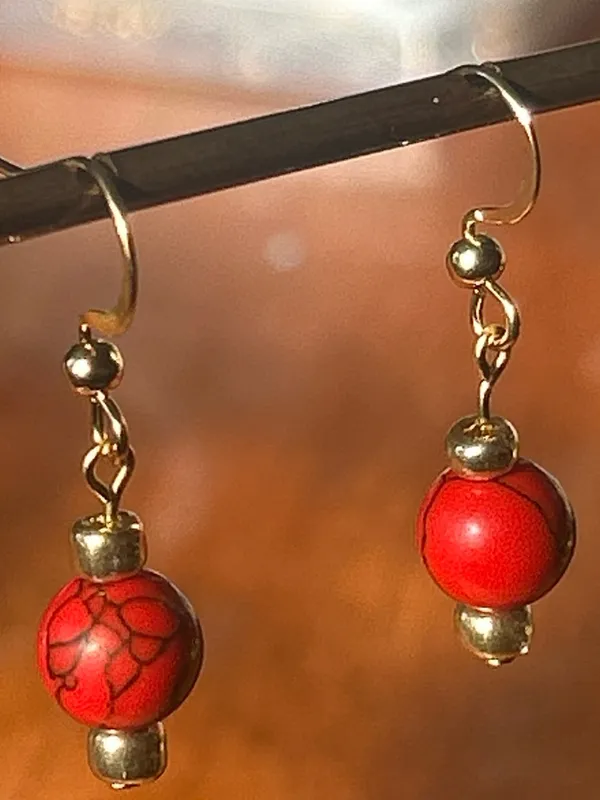 Handmade Gold-Tone Red Bead Dangle Earrings - Image 2
