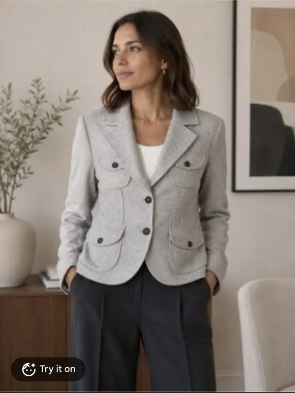 BANANA REPUBLIC Gray Herringbone Wool Blend Tailored Blazer Ruffled S Academia - Image 2