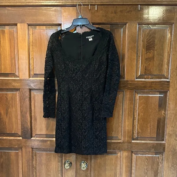 Vtg 90s Jennifer George By Night Black Lace Mini Dress Shere Sleeve‎ Goth Vamp 4 - Image 4