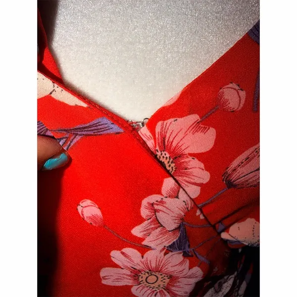 ASTR The Label Dress Womens XS Red Floral Faux Wrap Midi Ruched Side Tie - Image 4