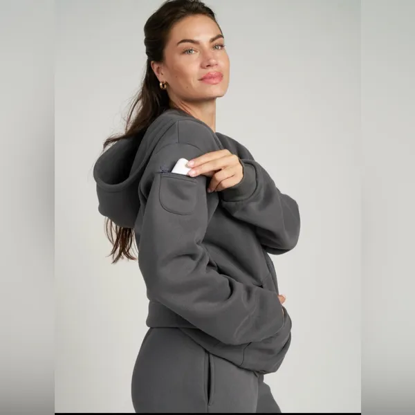 NWT Travel Essentials Steel Grey zip-up hoodie with front pockets inside pockets a hood. - Image 5