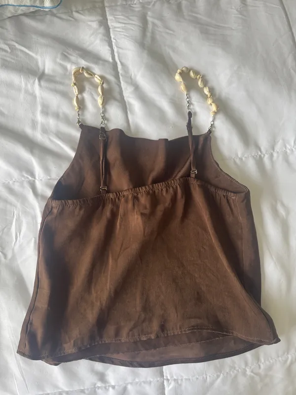 Brown satin cowl top with shell straps - Image 3