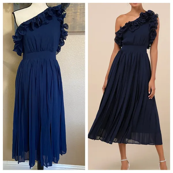 NWOT Lulus Splendid Charisma Navy Ruffled Pleated One-Shoulder Midi Dress - Image 2