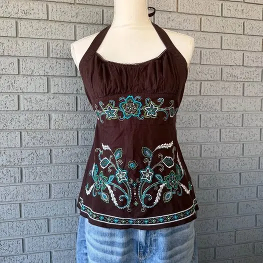 Heart soul Y2K Halter Top Tank Top Brown Blue Embroidered Size XL - Image 3