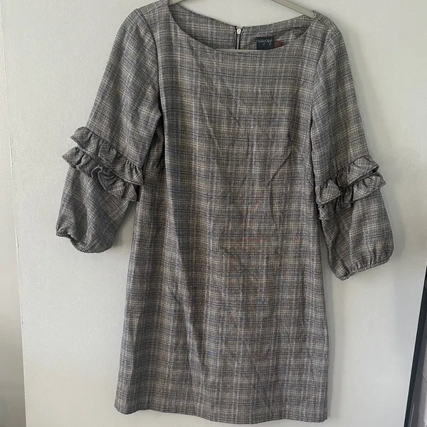 Gabby Skye Womens Dress Plaid Tiered Ruffle Sleeve Shift Gray Blue Size 8 - Image 2