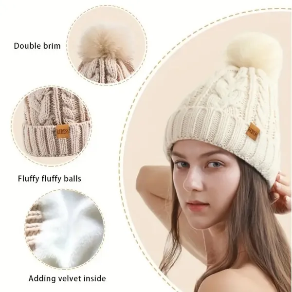 Winter Cozy Warm‎ Pom Pom Black Beanie Hat Cable Knit Fleece Lined Ski NWT - Image 3
