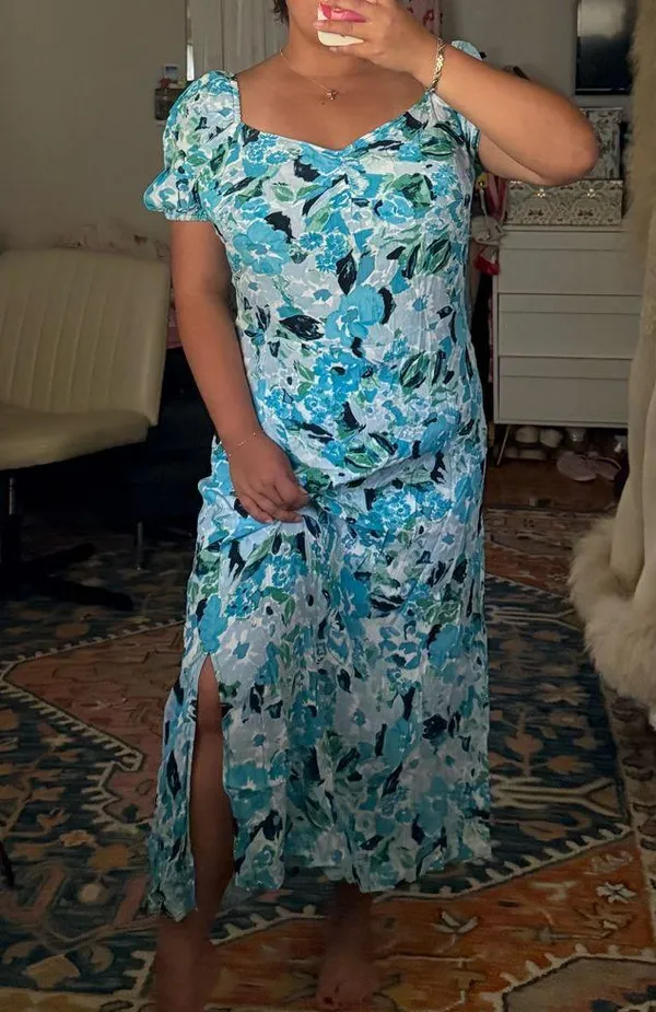 Loft Blue floral design maxi dress with slit shabby chic flowers blue baby shower - Image 3