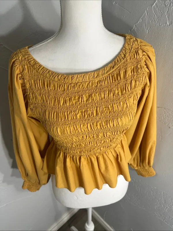 Free People mustard Yellow Smocked Peplum Blouse. - Image 5