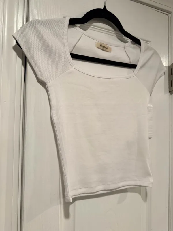 NWOT Madewell Size M White Square Neck Short Sleeve Ribbed Stretch Cropped Top - Image 4