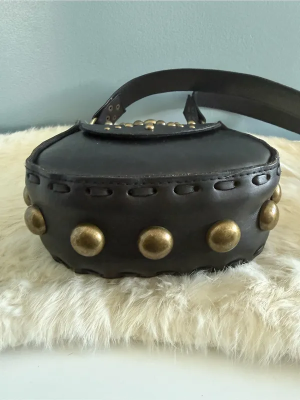 Handcrafted Boho Leather Studded Crossbody Bag Black - Image 6