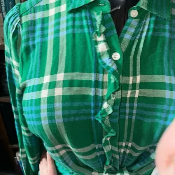 American Eagle green plaid ruffled button down tie waist top - Image 2
