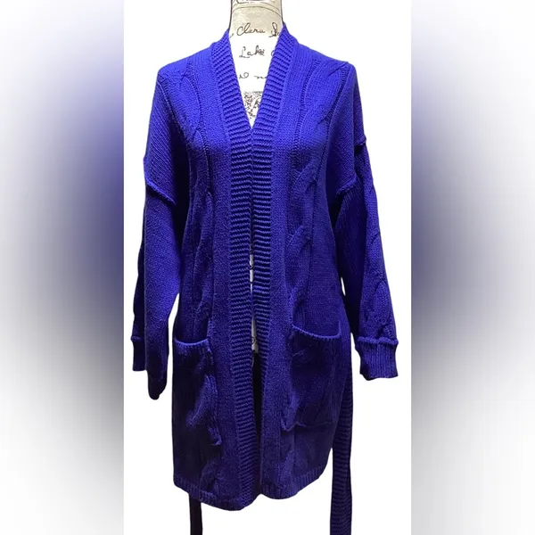 POL chunky cable knit sweater Long open front Belted cardigan Royal Size M/… - Image 14