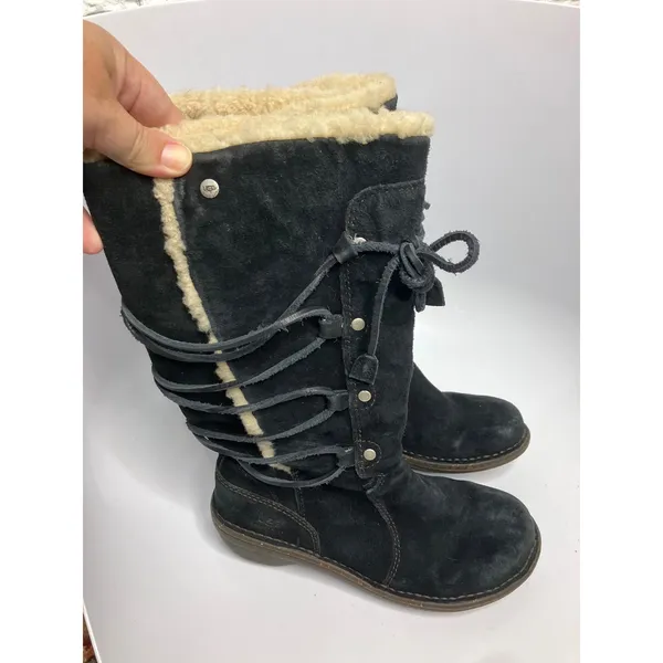 UGG Sunburst Tall Boots Womens 7 Black Good Suede Sheepskin Lace Up 5153 - Image 3