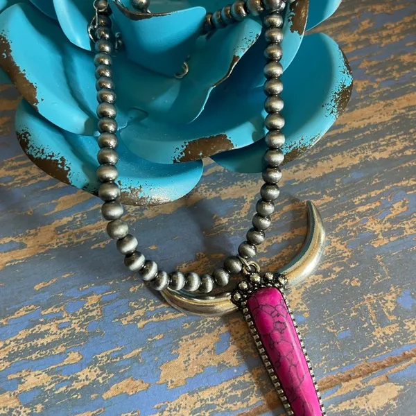 New Pink and Silver Longhorn Pendant on 18” Beaded Navajo Style Chain - Image 5