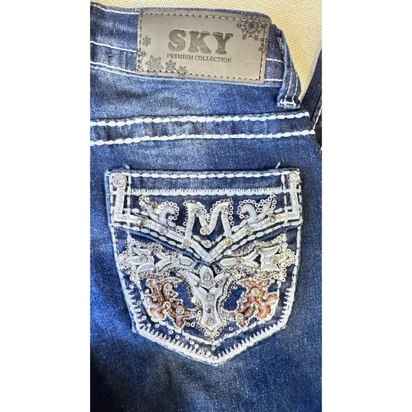 SKY Premium Collection Jeans Bootcut Women’s Size 1/2 Rhinestone Pocket Low Rise - Image 3