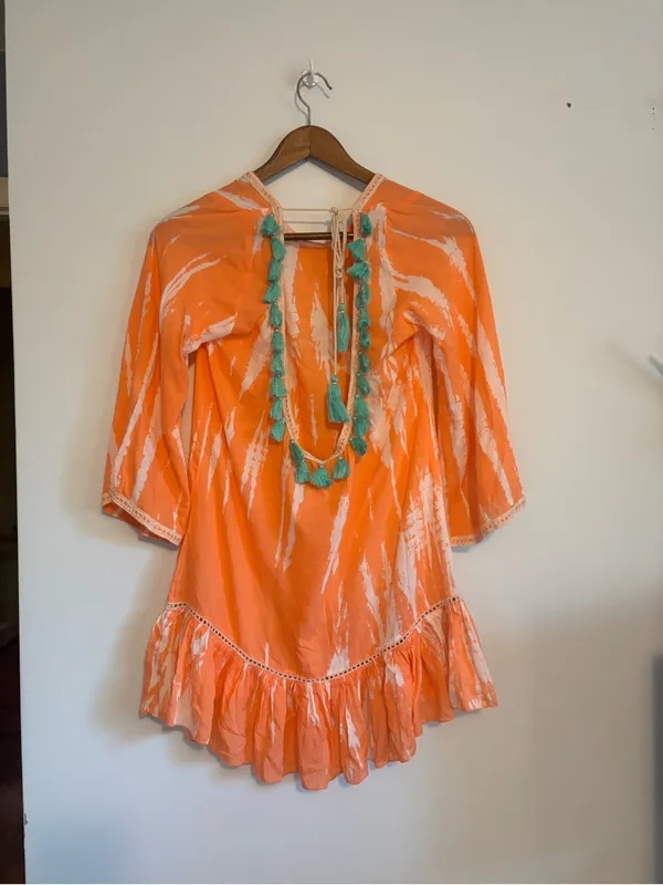 Anthropologie Z&L European Luxury Coral Tie Dye Beach Cover Up with Tassels - Image 8