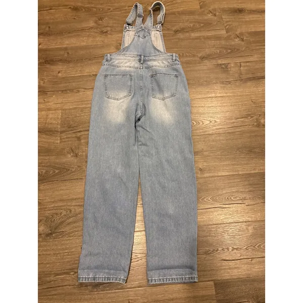 Womens Distressed Denim Jean Overalls Light Wash Relaxed Fit‎ Cropped Leg Size S - Image 7