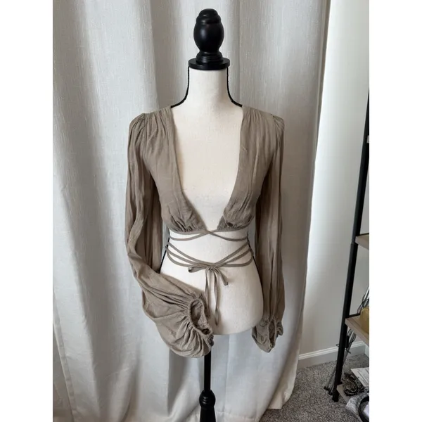 Princess Polly Cropped Top Womens 2 Beige knit Long Sleeve Boho Tie Waisted - Image 5