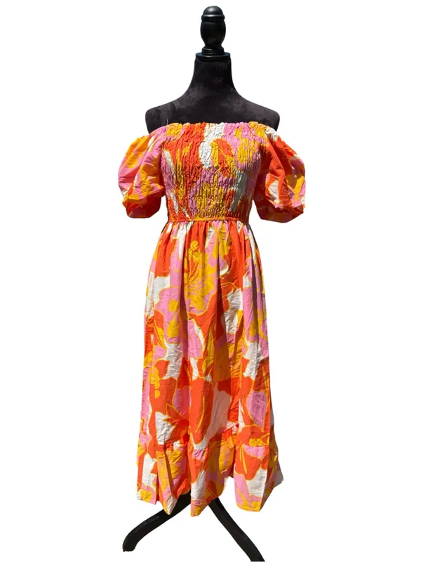 Ana & Rose Floral Smocked Midi Dress Puff Sleeve Tropical Boho Orange Pink L - Image 4