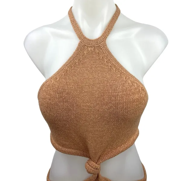 Isalis Women's Beige Halter Neck Sleeveless Knitted Mini Bodycon Dress Size S - Image 4