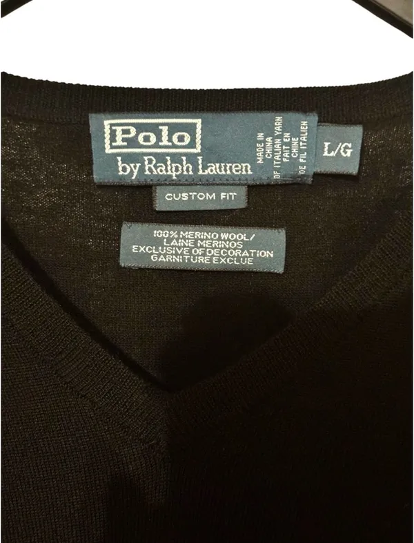 Polo by Ralph Lauren Vintage Black & Red Custom Fit Merino Wool V-Neck Sweater Sz L - Image 4