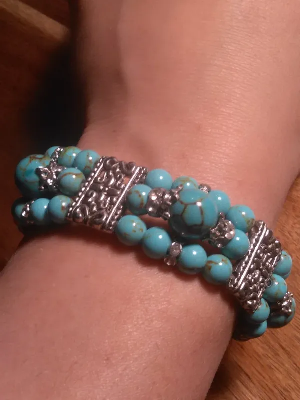 Blue Howlite Three Row Beaded Silvertone Stretch Bracelet - Image 13