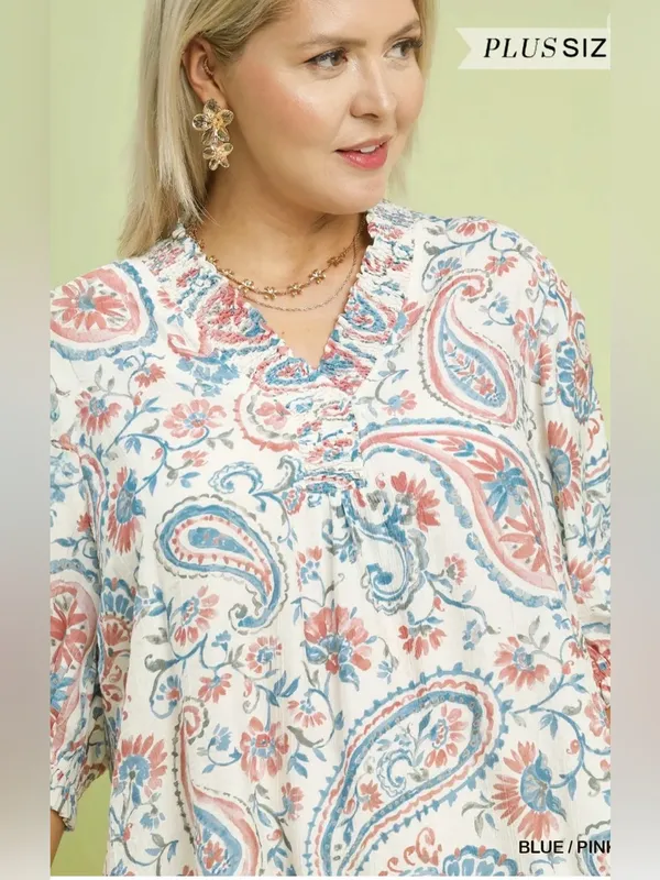 New! Umgee Plus Size Floral Paisley V-Neck Peasant Top - Blue/Pink Size X Large - Image 2