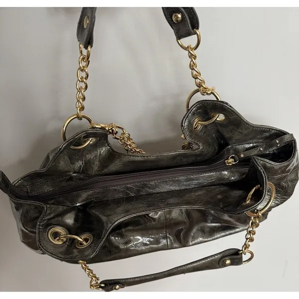 Women's Y2K Slouchy Hobo Patent Leather & Gold Chunky‎ Charm Green Purse Handbag - Image 9