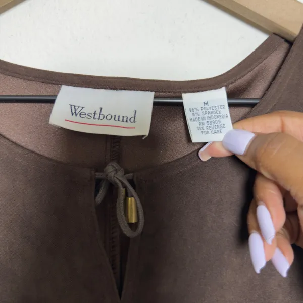 VTG 90s Women Faux Suede Jumper Dress Medium‎ Chocolate Brown Chore Western Boho - Image 2