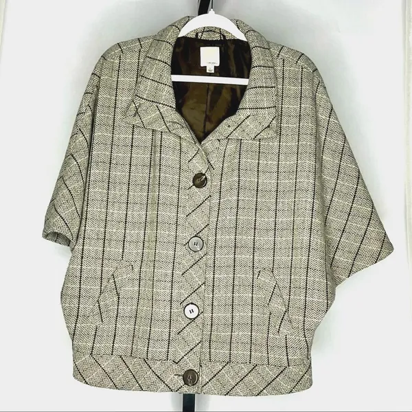 Halogen Herringbone Wool Blend Cape Coat Womens L Brown Plaid Academia Poncho - Image 2