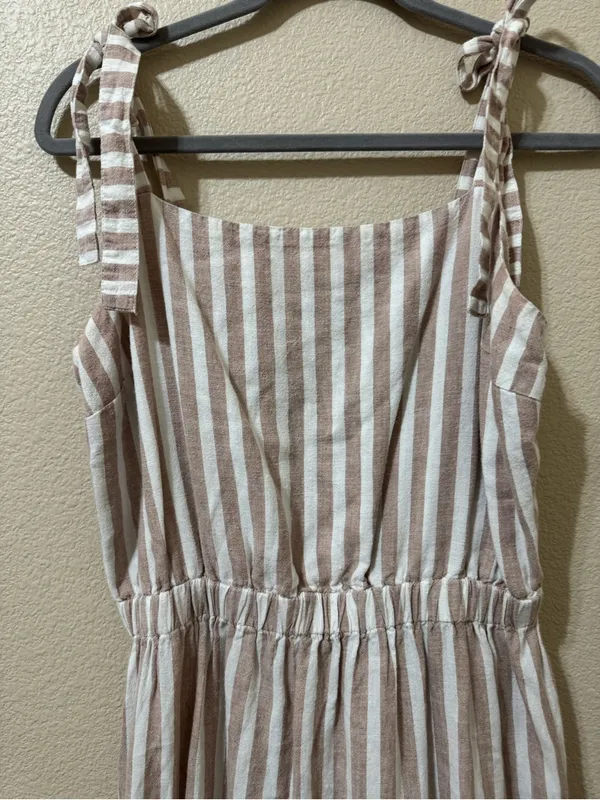 The Limited Linen Blend Tiered Midi Dress XL Beige White Stripe Tie Shoulderboho - Image 2