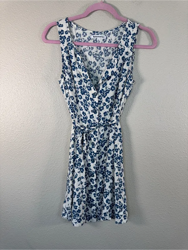 Reformation Blue White Floral Mini Dress Womens 4 Casual Summer Luxury Classic - Image 9