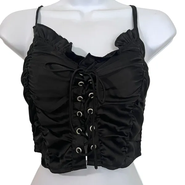 Cider Corset Top Women's Med Black Satin Lace Up Ruffle Cropped Cami Goth Punk - Image 2