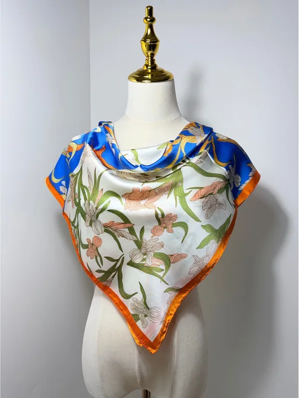 Elegant Floral Square Scarf with Blue, Orange, Green, and White Pattern - Image 2