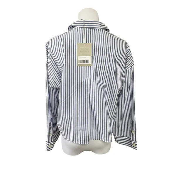 Everlane The Woven PJ Top Cropped Pajama Shirt‎ SMALL Blue Striped Cotton Boxy - Image 4