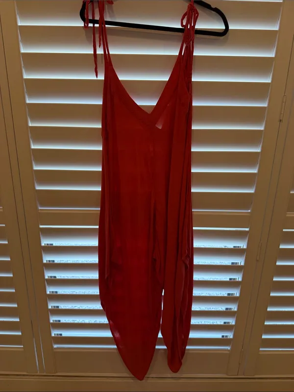 Free People Vibrant Red Tie-Strap Jumpsuit small - Image 2