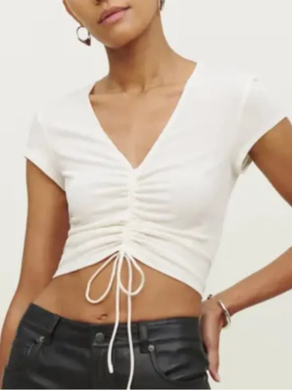 Reformation Mariam Short Sleeve Cream/Ivory Knit Ribbed Top Size Small - Image 2